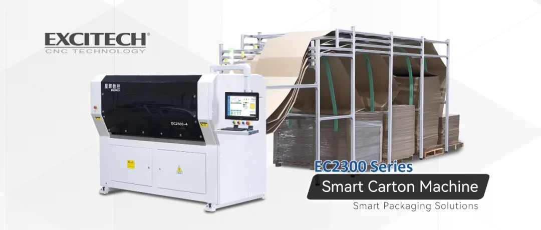 Cortadora de cajas de cartón EXCITECH EC2300 para embalaje de pedidos de muebles.